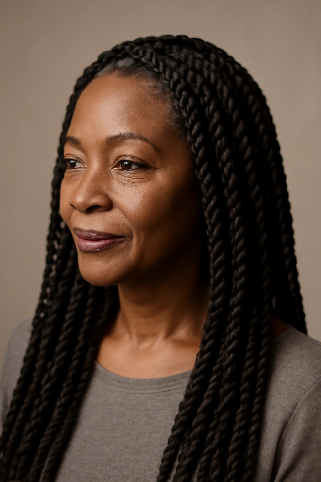 Senegalese twists hairstyle on mature Black woman