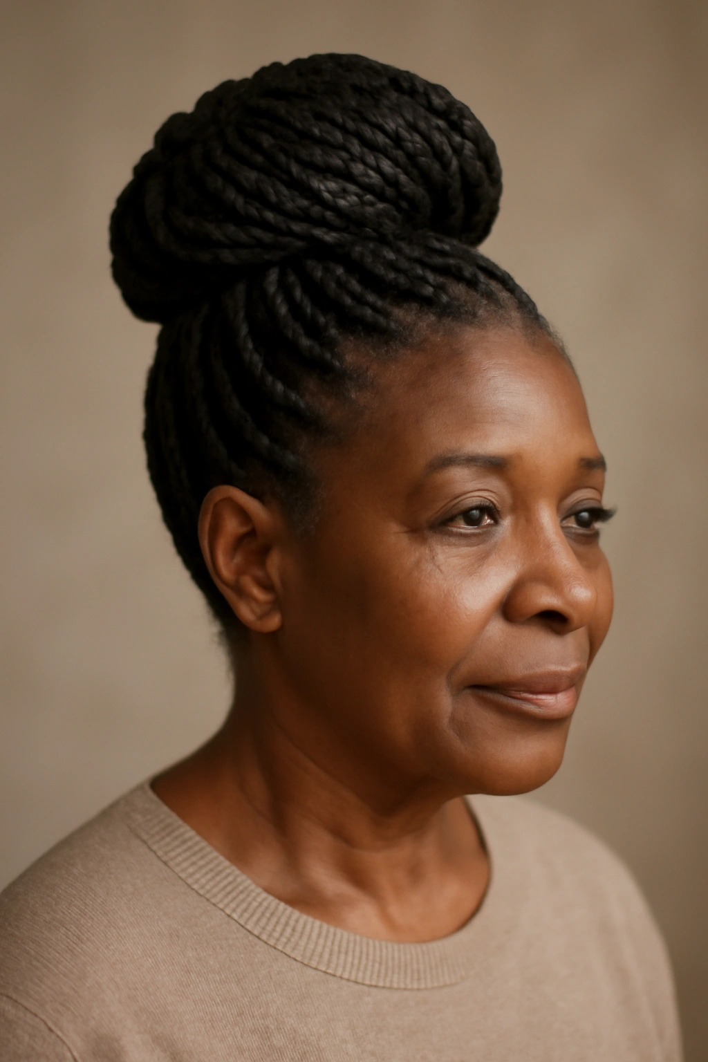 Elegant Senegalese twist updo with a high crown bun