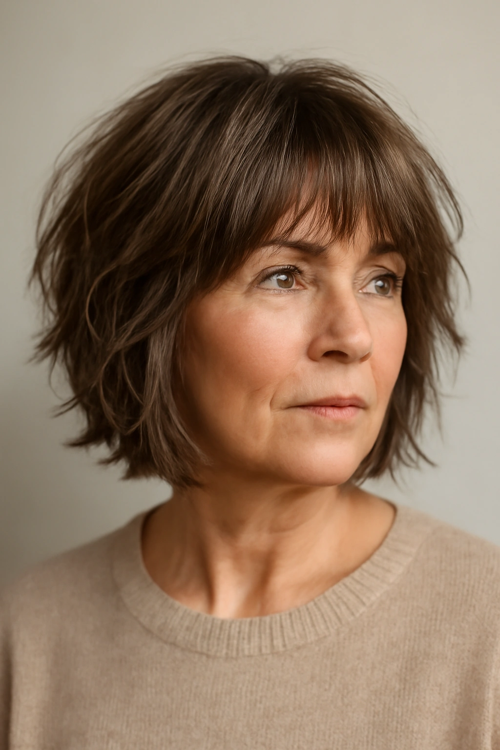 Head-and-shoulders portrait of a woman with a shaggy bob showing movement and texture