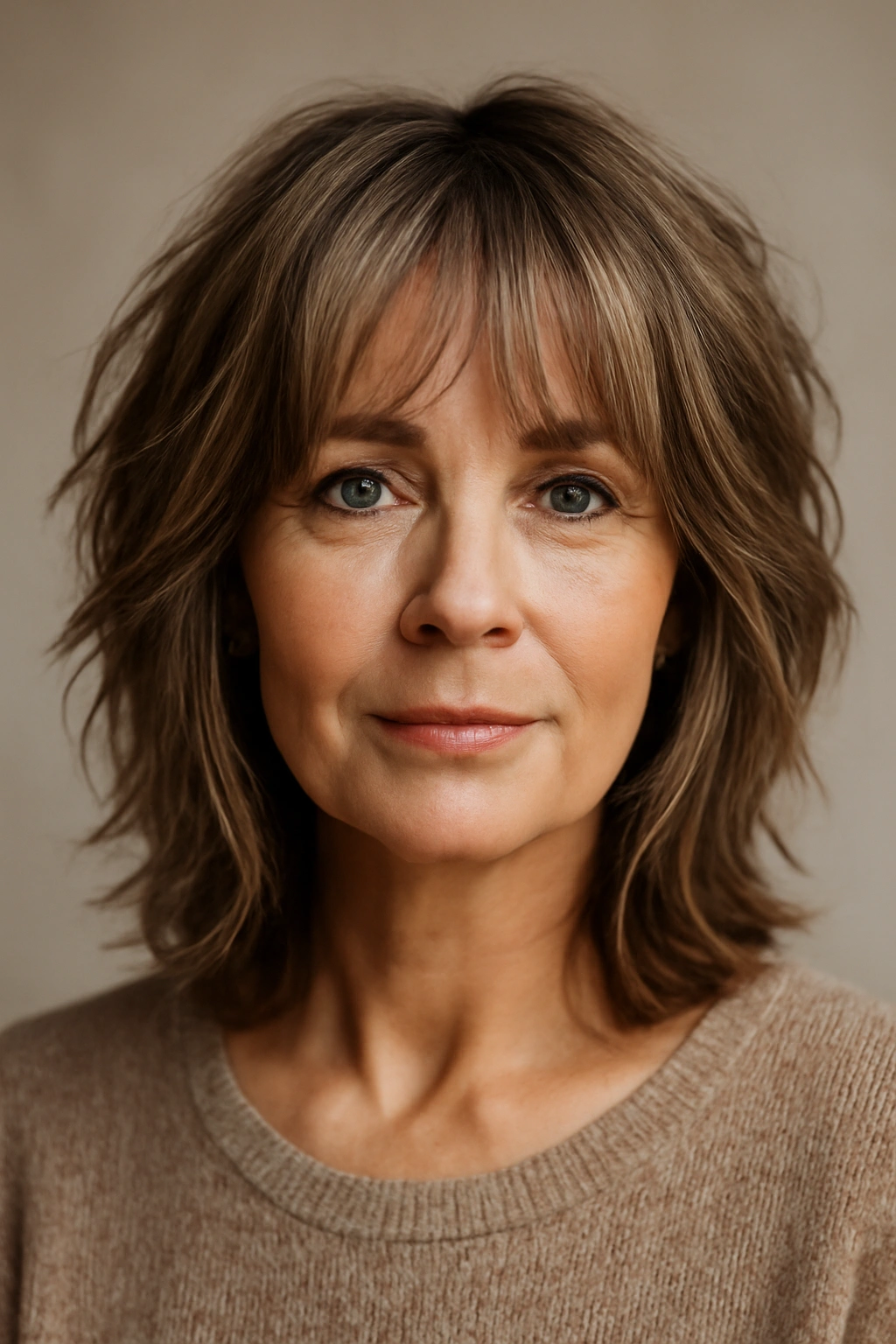 Close-up of a woman with shag haircut and curtain bangs framing the face