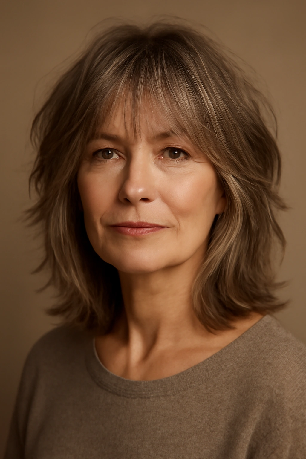 Close-up of a mature woman with a shag haircut and wispy bangs under soft studio lighting