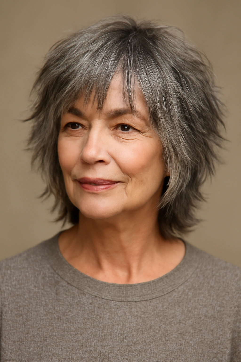 Mature woman with textured shag haircut showing choppy layers
