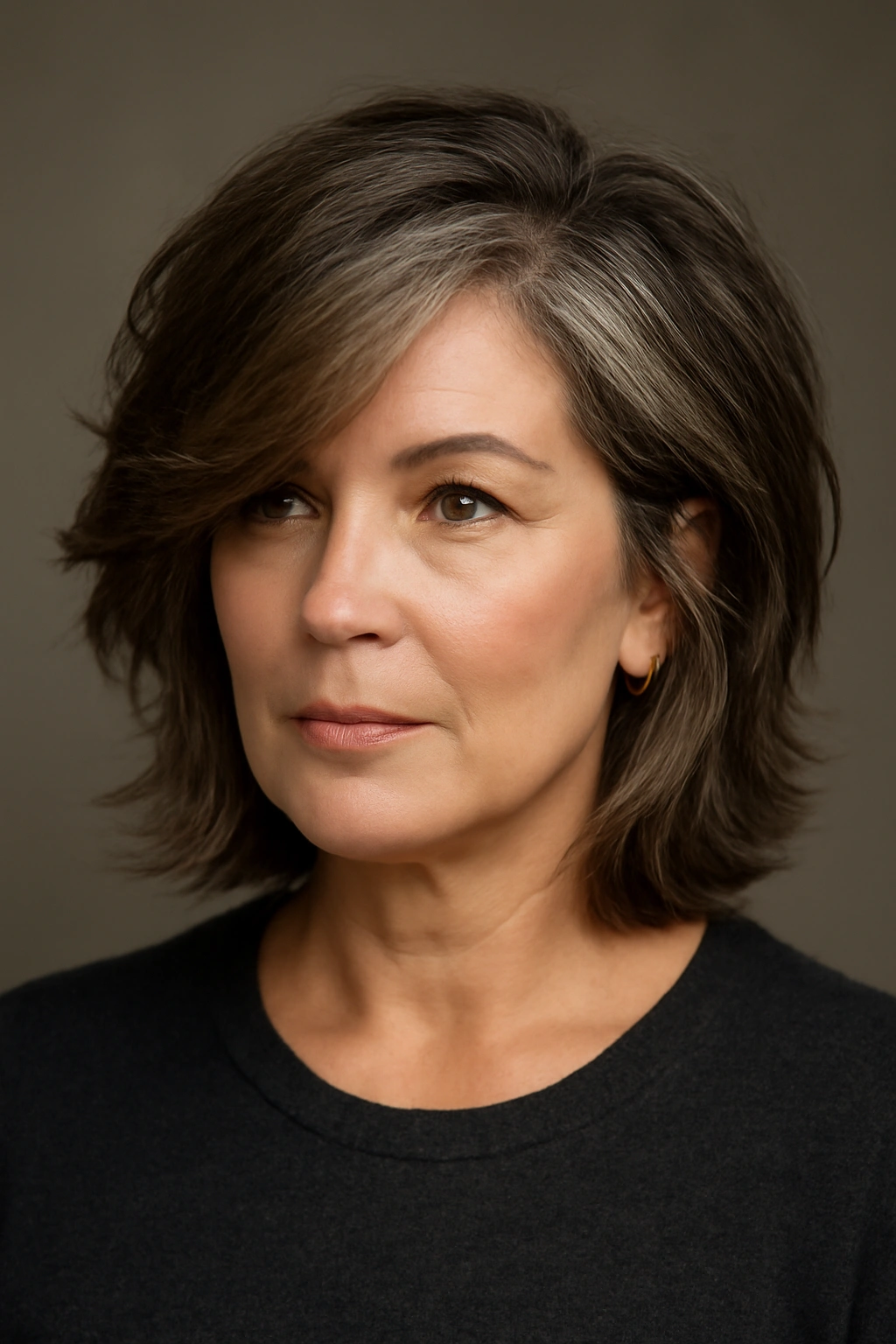Shag haircut with a deep side part framing one side of the face