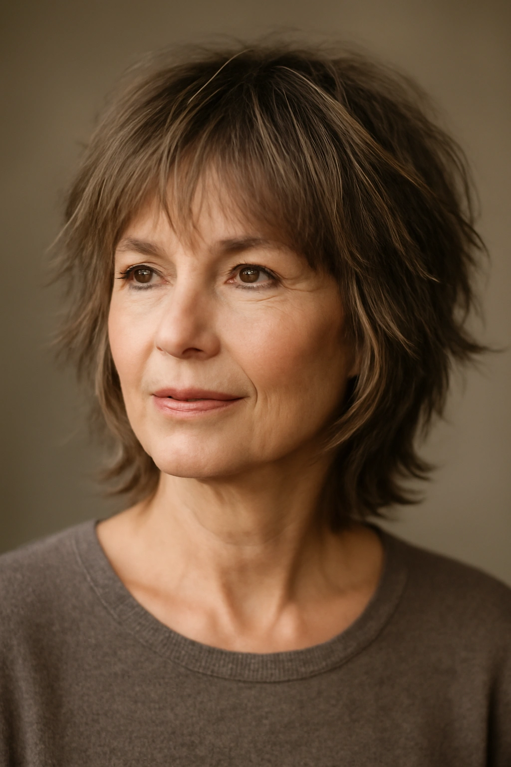 Close-up of a woman with wispy bangs integrated into a shag hairstyle