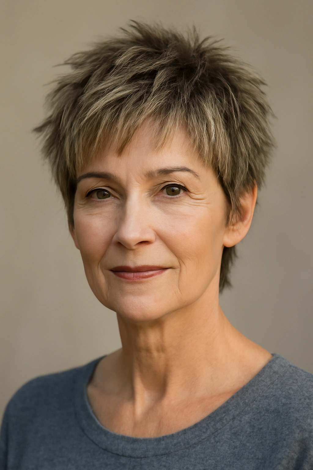 Close-up portrait of a woman with a shaggy pixie cut showing short textured layers