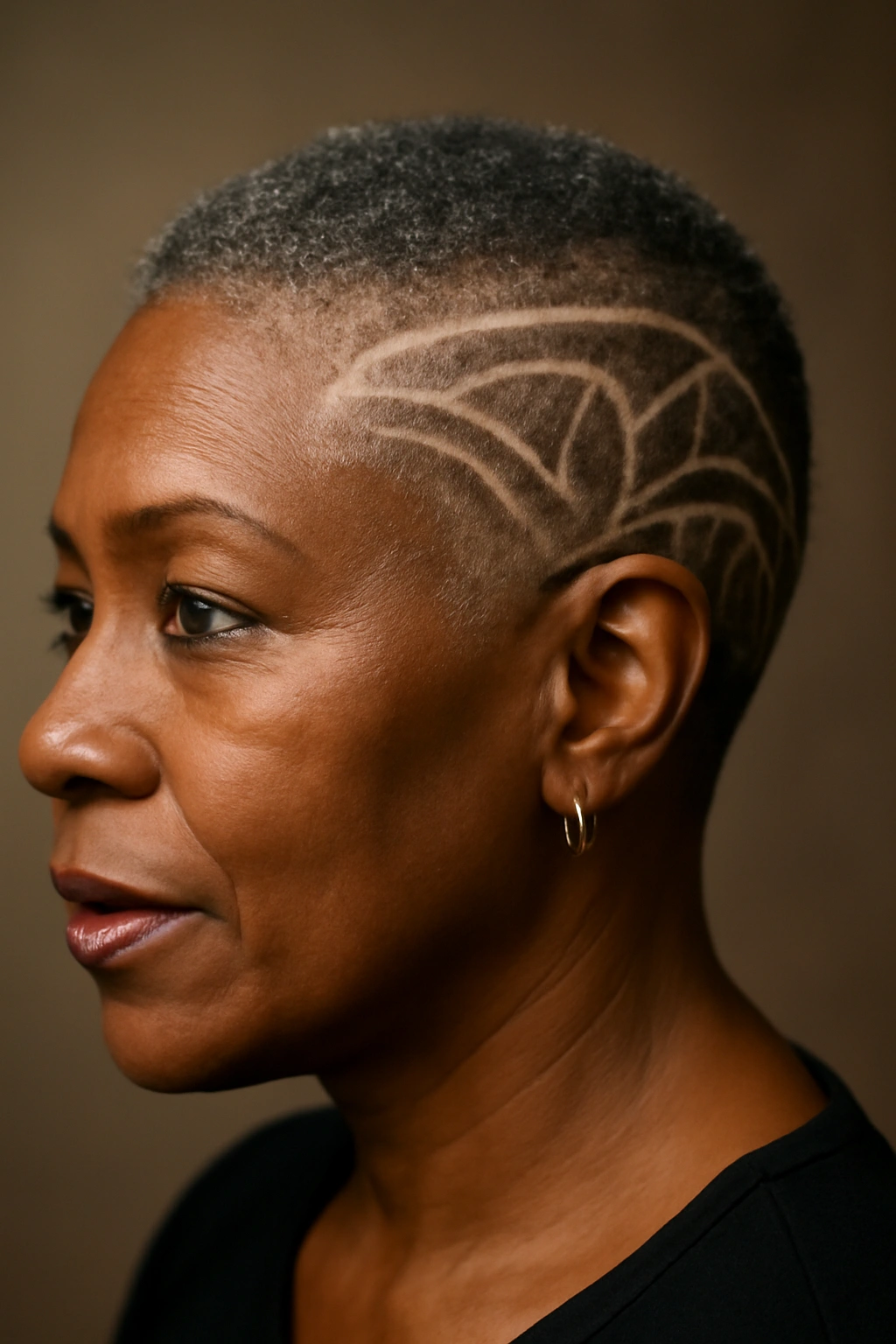 Close-up of a shaved design cut showing geometric lines on the side of a Black woman's head