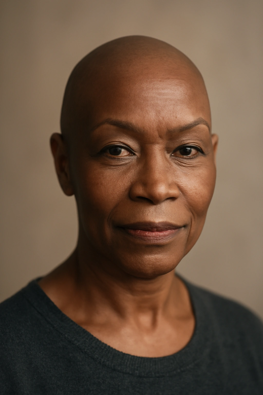 Portrait of an older Black woman with a fully shaved head