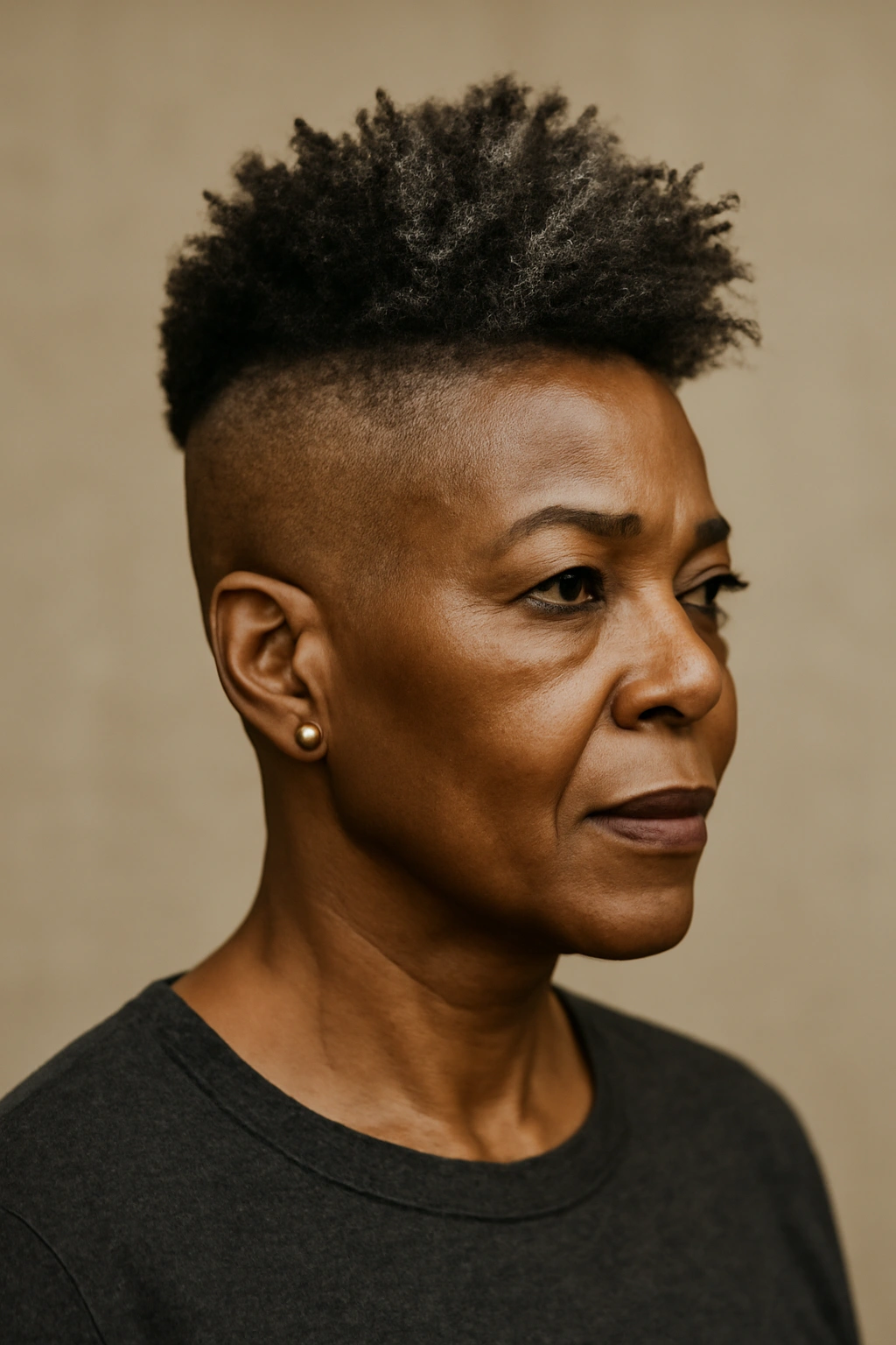 Older Black woman with shaved sides and natural top in studio portrait