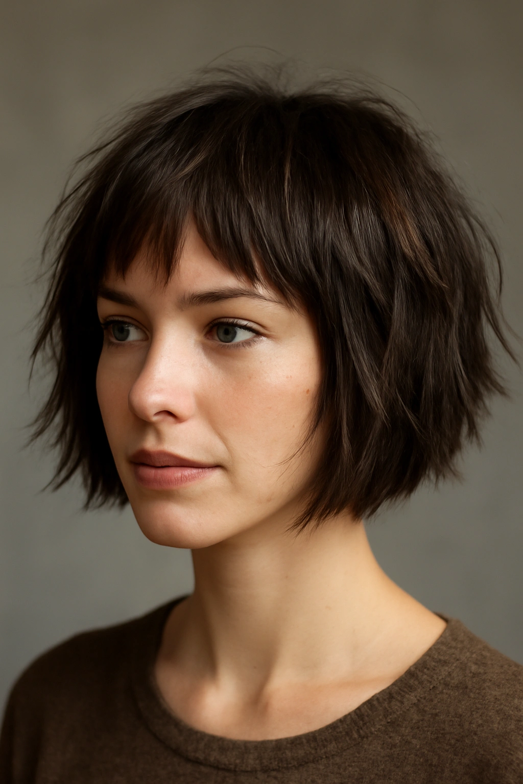 Portrait of a short choppy bob with textured, uneven ends