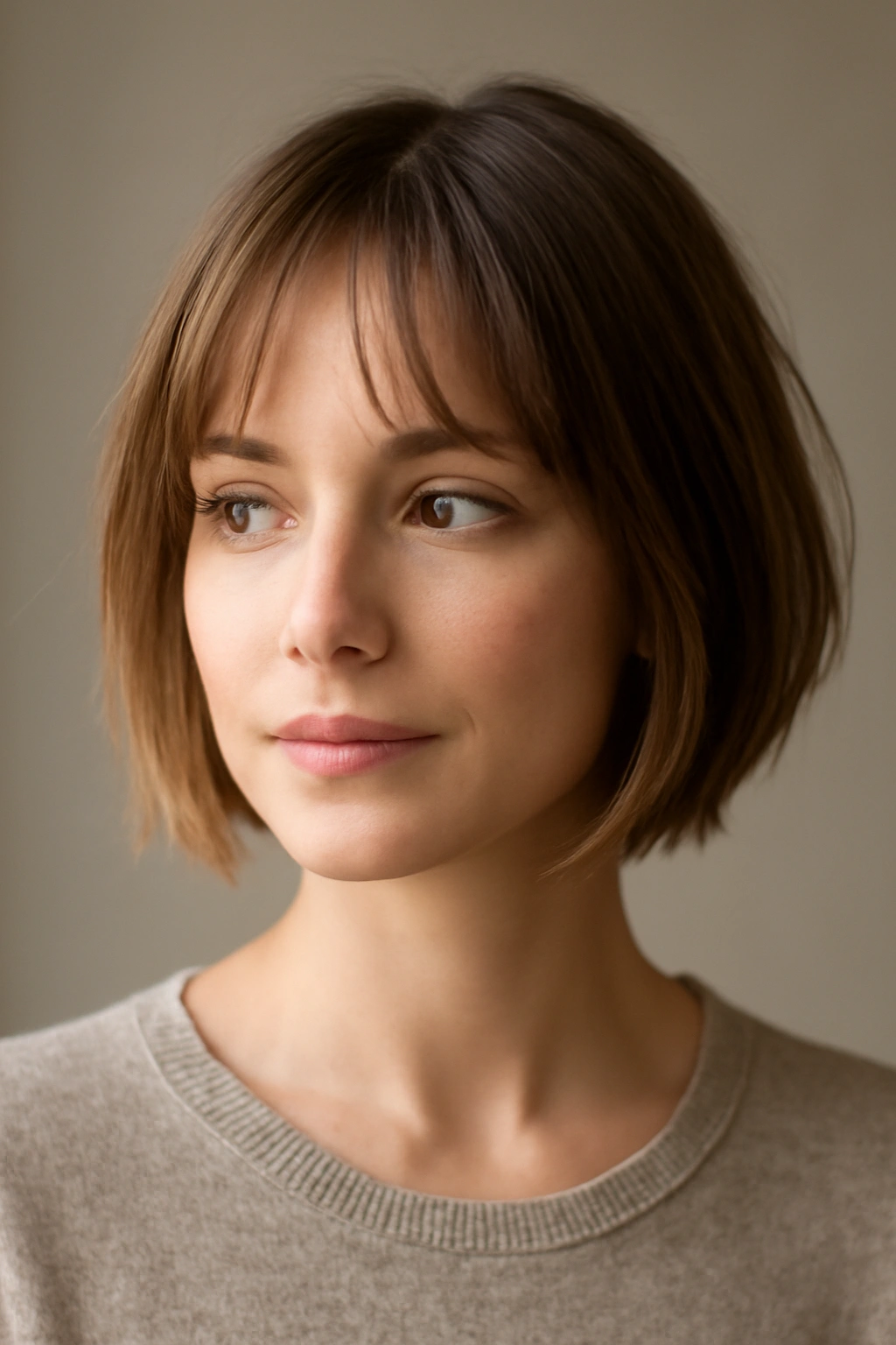 Short Bob with Curtain Bangs close-up showing feathery wispy bangs