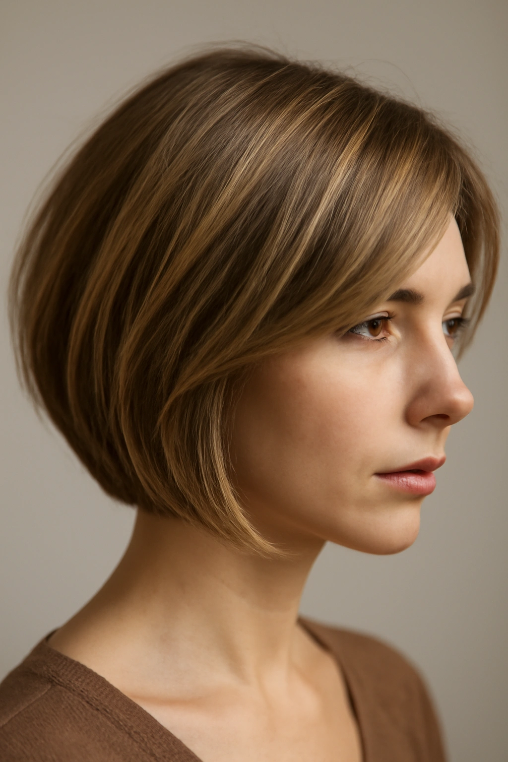 Profile view of a short bob with face-framing front layers