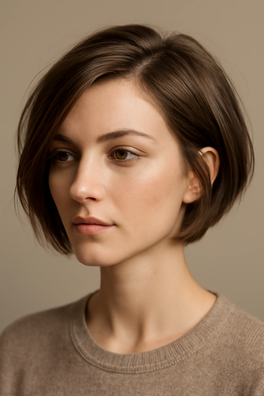 Close-up of a deep side-part short bob showing crown lift