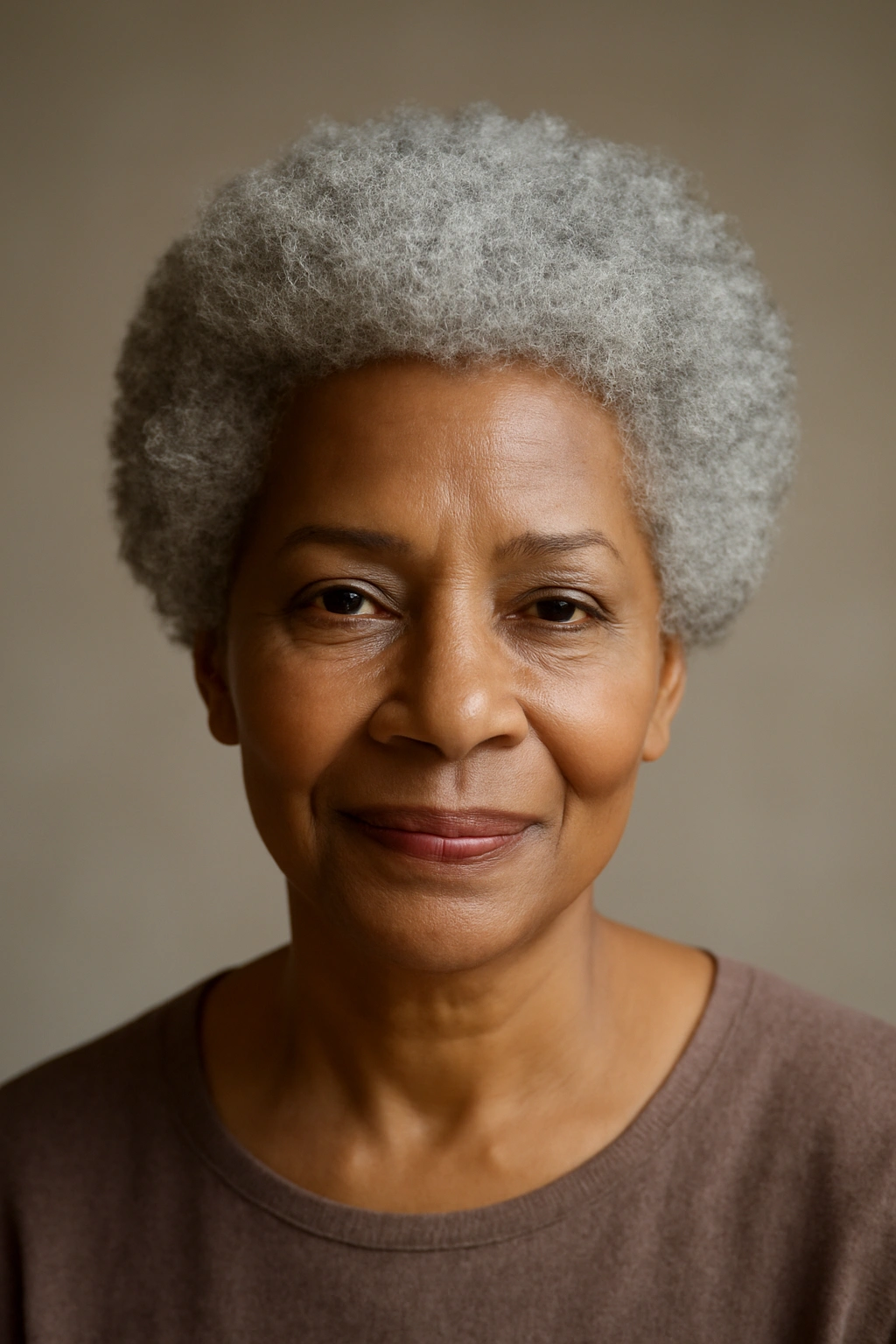 Close-up of a short natural afro with silver-gray hair.