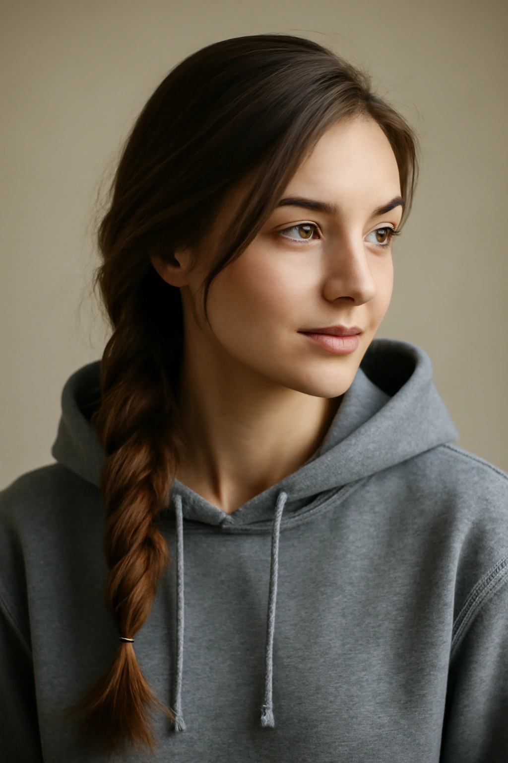 Side braid framing the face with hoodie down
