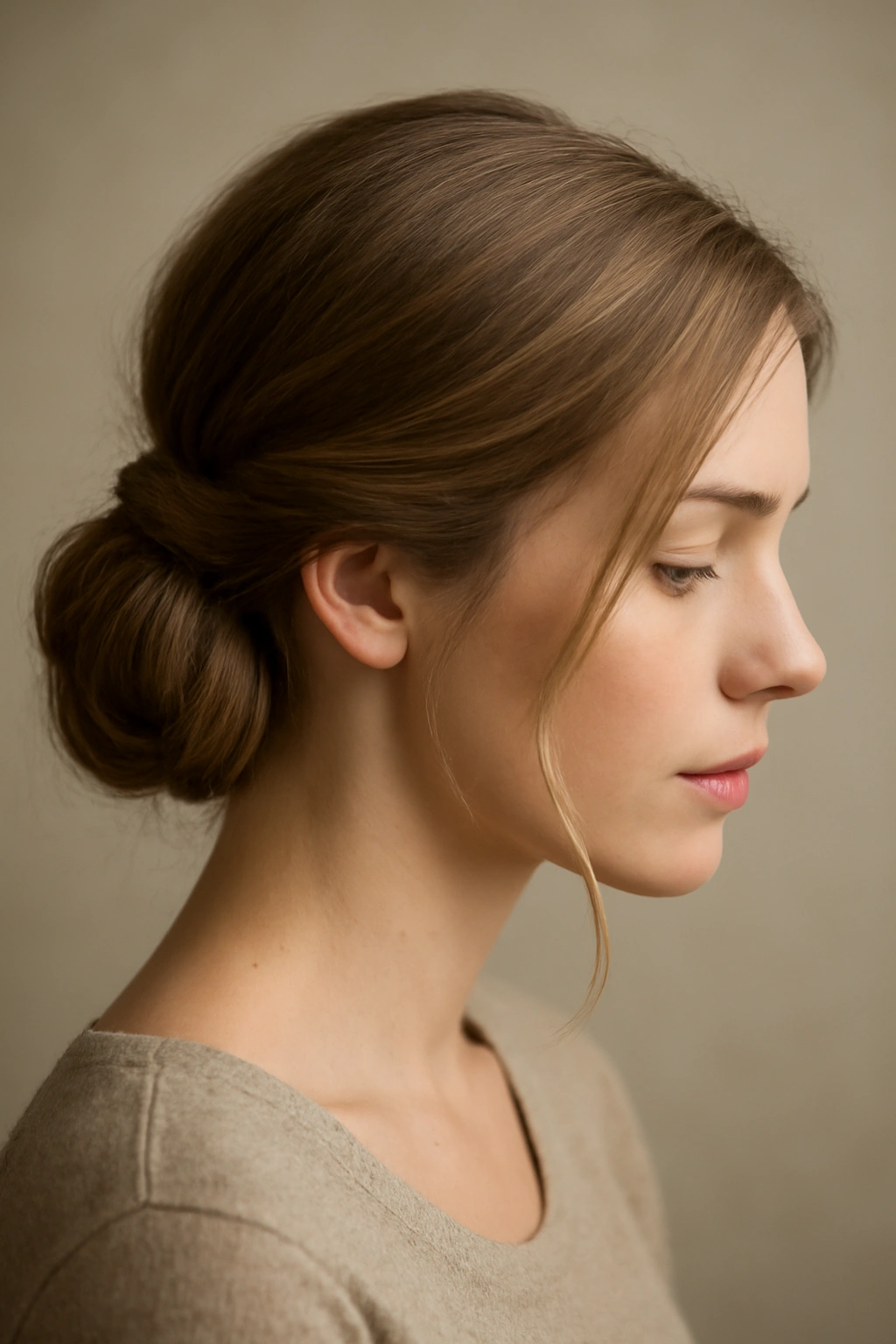 Woman with side chignon behind the ear, loose front strands