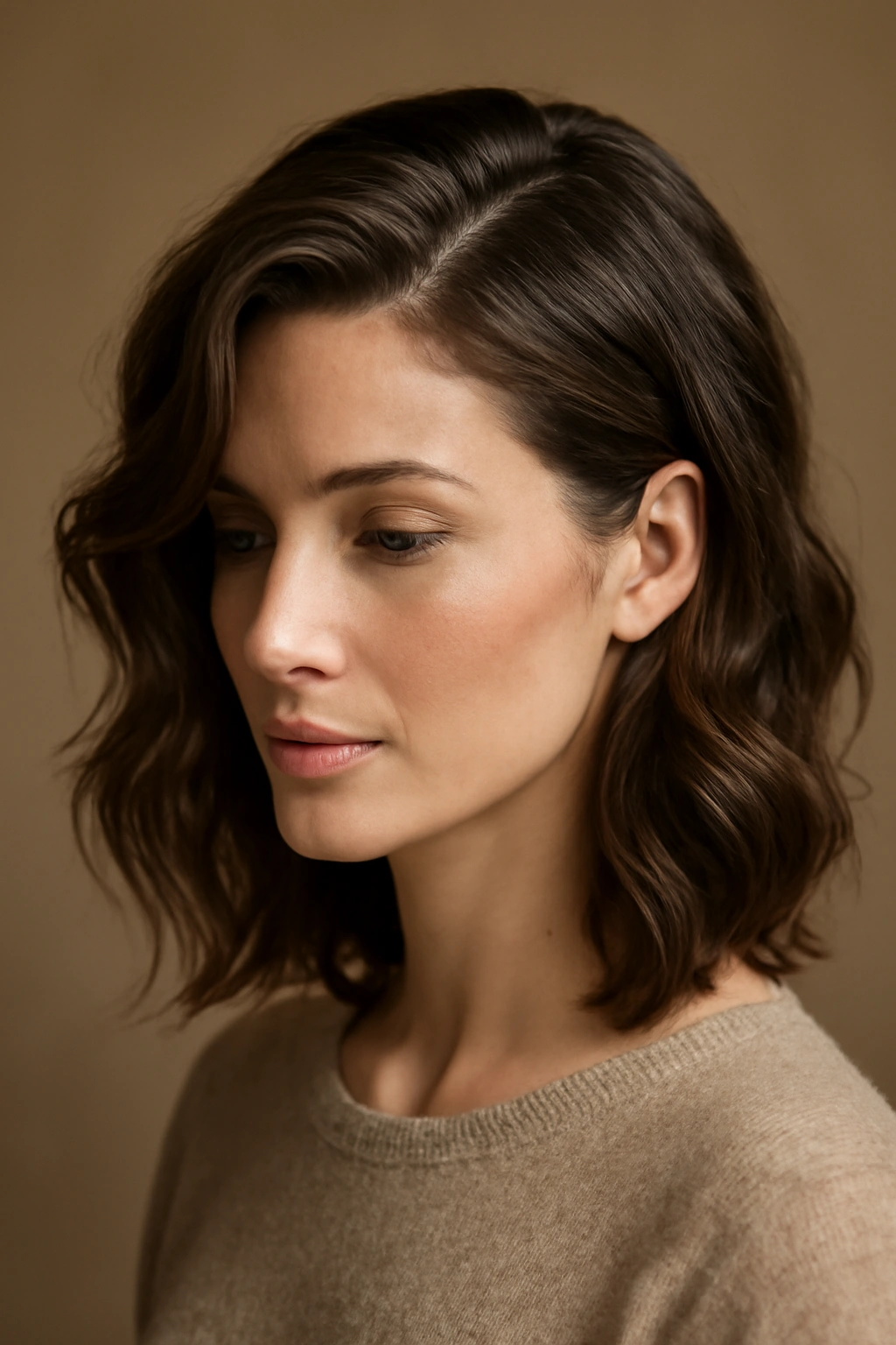 Portrait featuring deep side part and voluminous wavy texture on fine hair