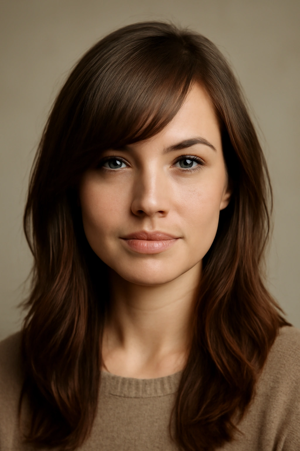 Close-up of a woman with side-swept bangs framing the face