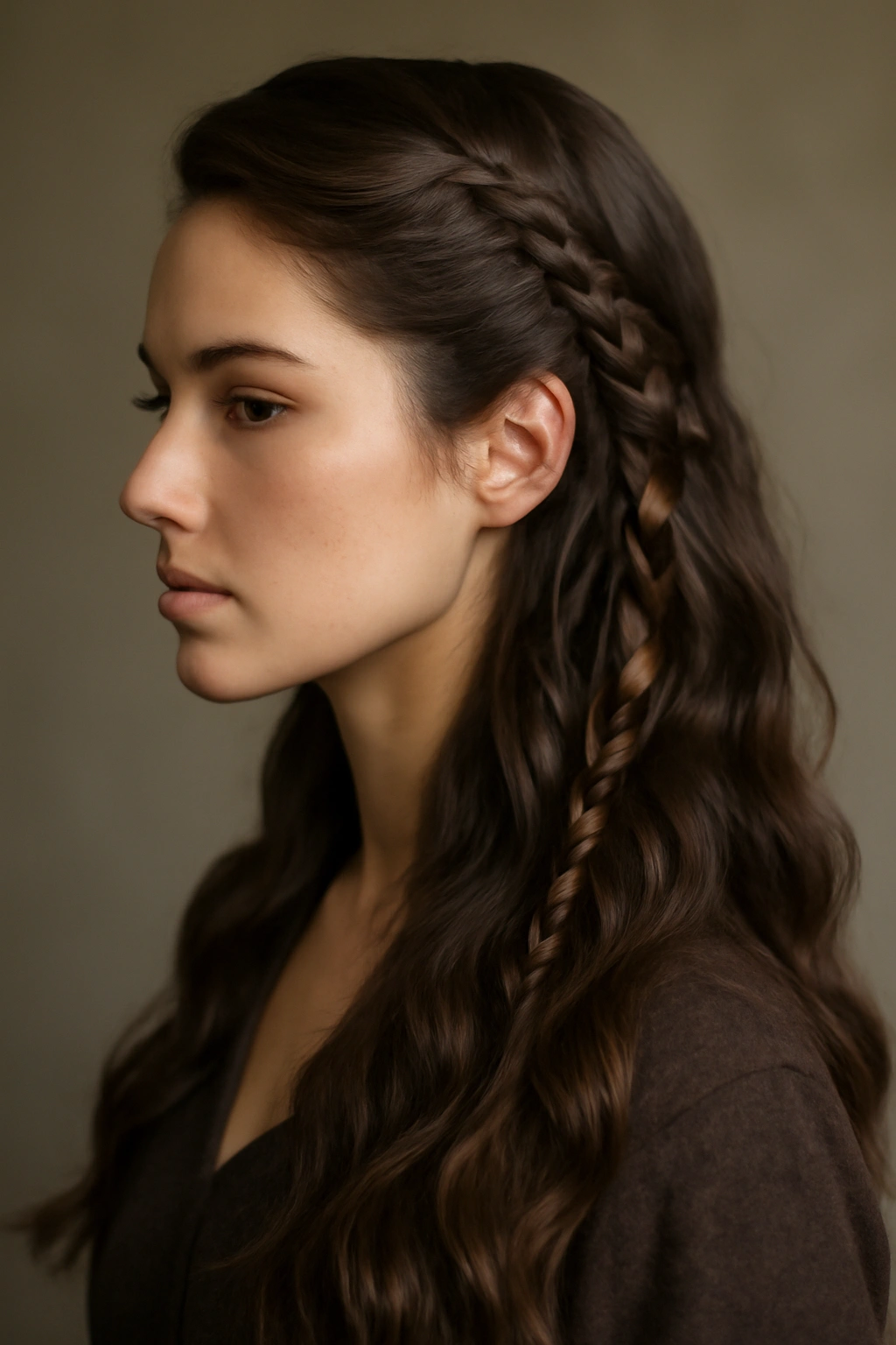 Elegant side-swept waves with a single braided section decorated with beads