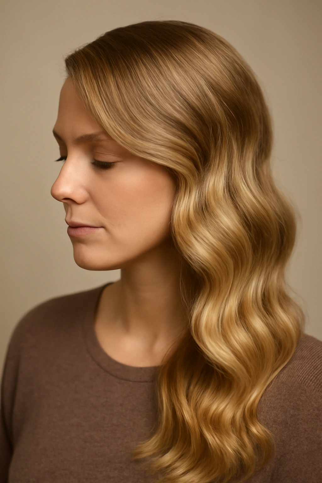 Woman with side-swept waves cascading over the shoulder
