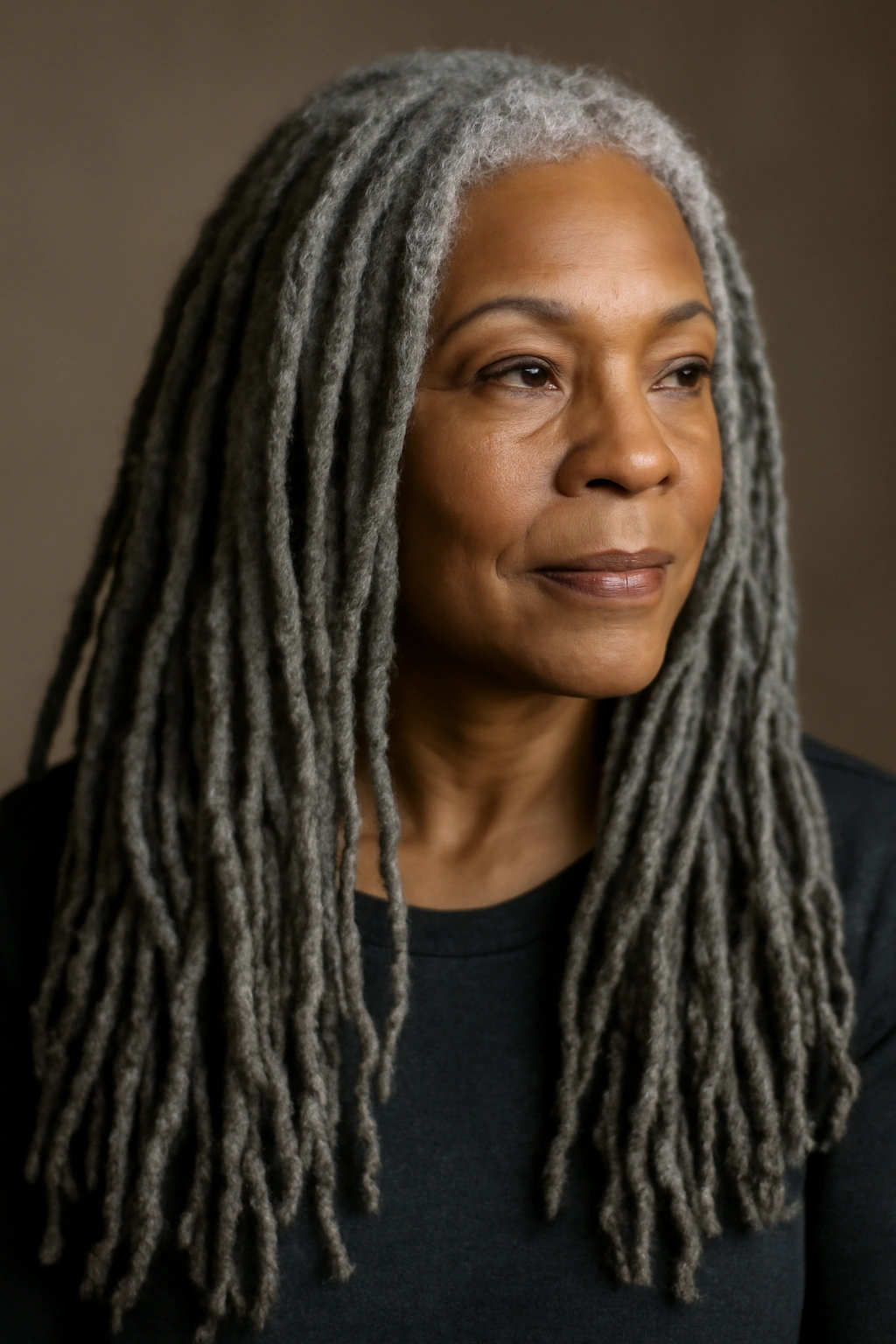 Black woman with long silver-gray locs cascading over shoulders.