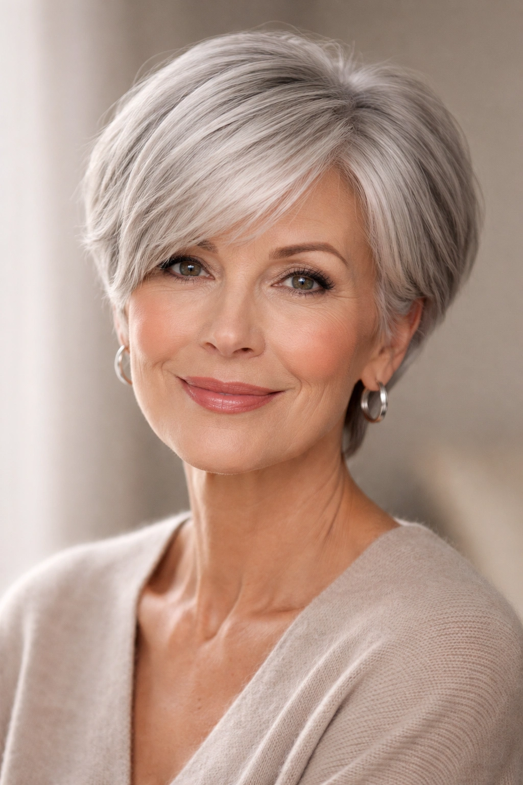 Portrait of older woman with silver pixie bob hair