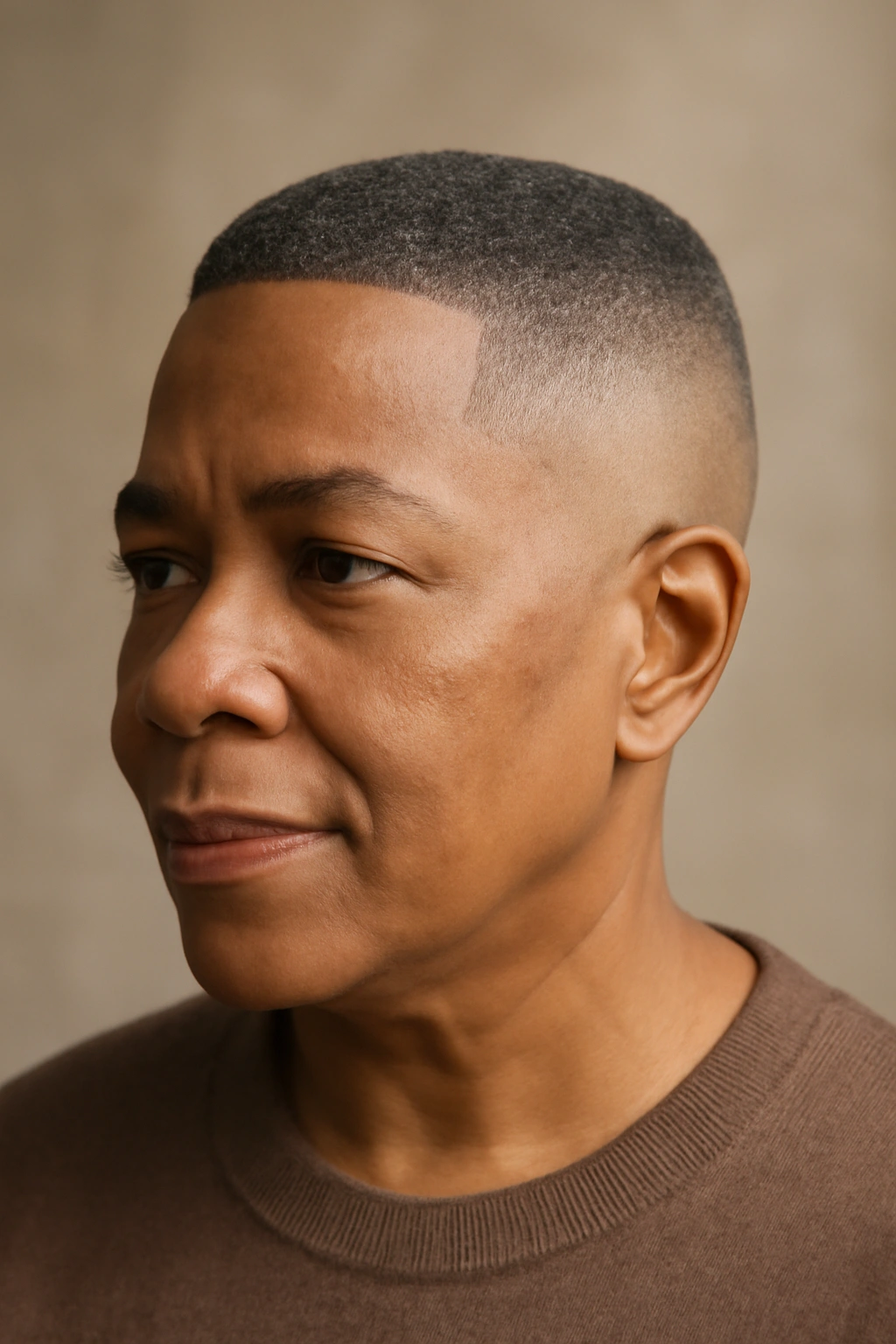 Close-up portrait of an older Black woman with skin fade and sharp hairline edges