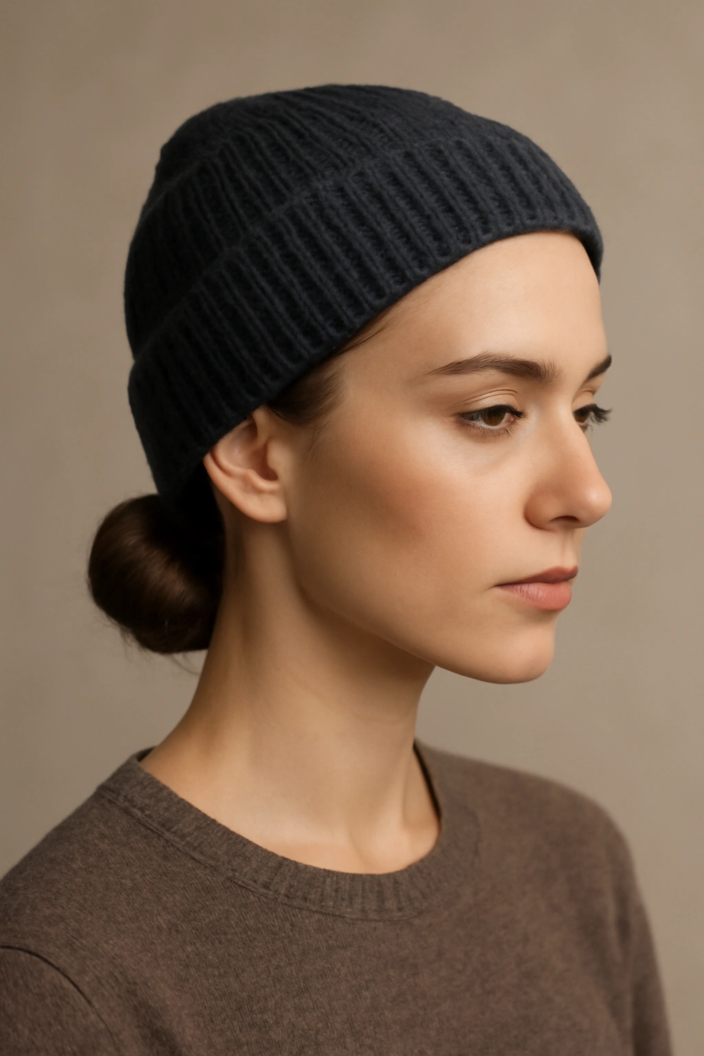 Sleek low bun under beanie