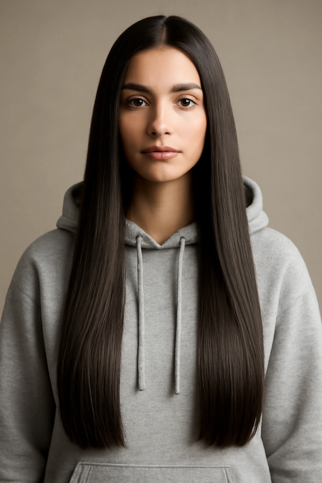 Sleek straight hair down under a hoodie