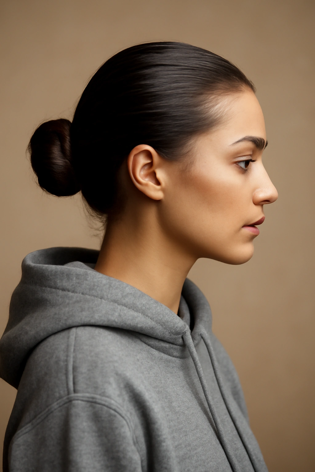 Close-up side profile showing a slicked-back bun
