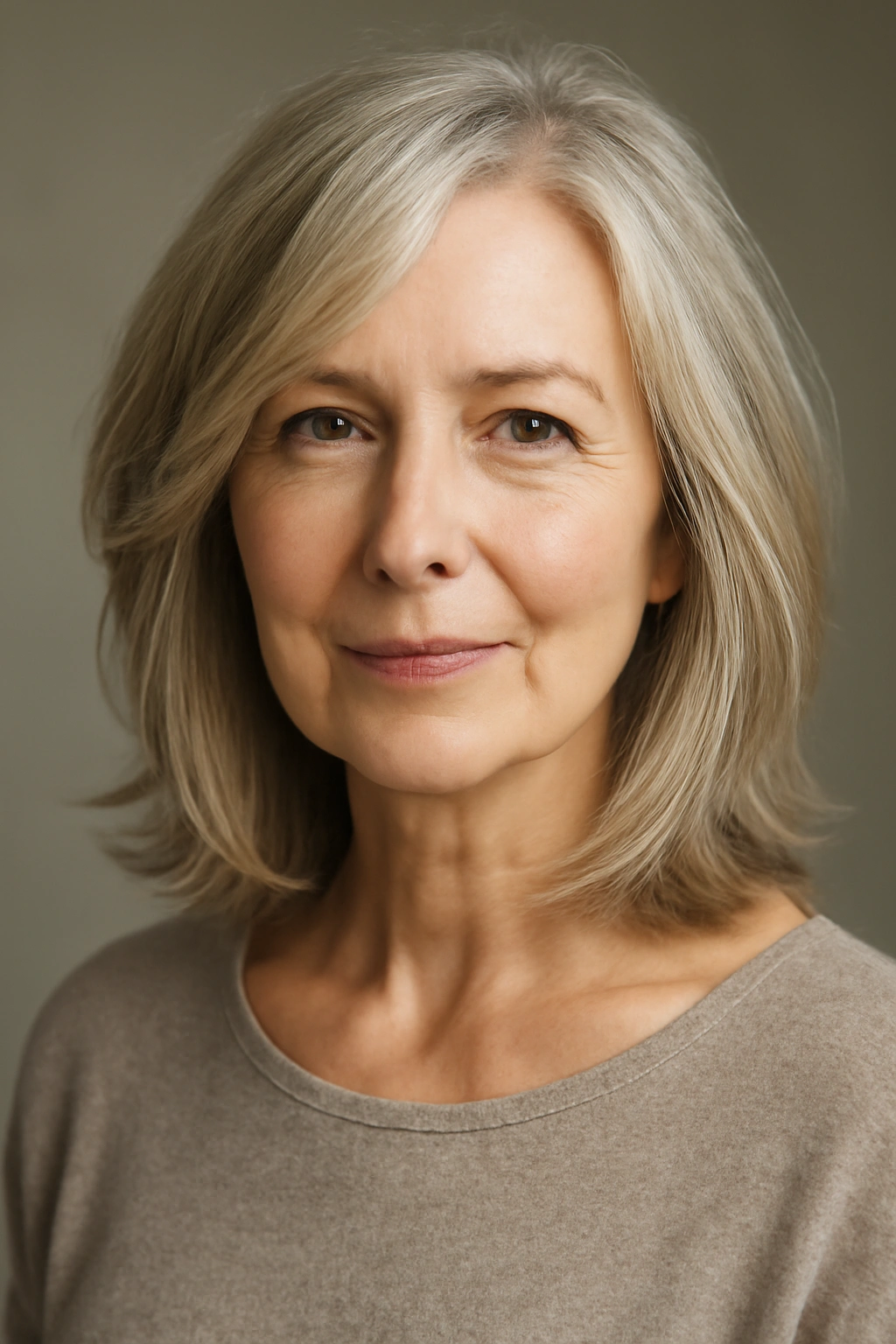 Head-and-shoulders of a woman with a soft layered lob at collarbone length