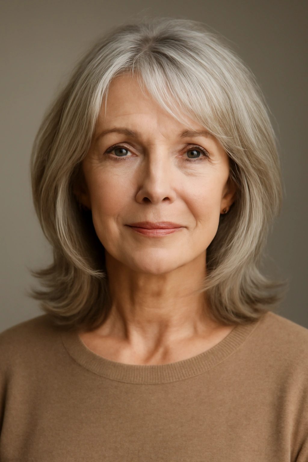 Woman over 60 with soft layers and face-framing cut framing the face