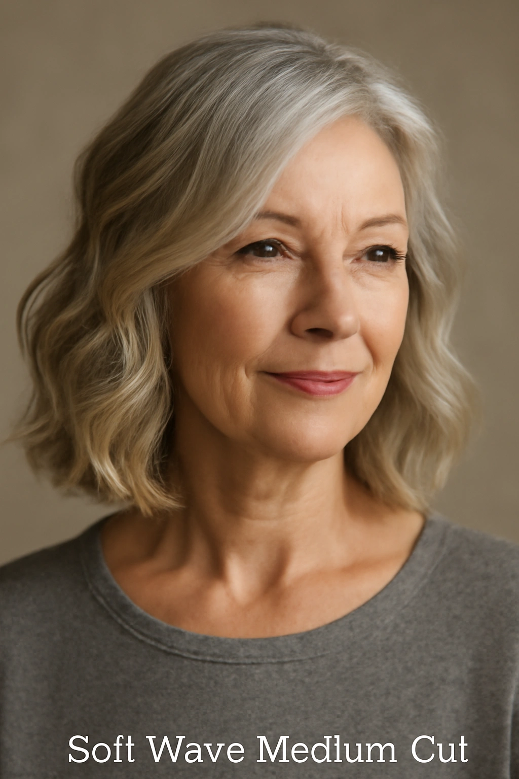 Head-and-shoulders of a woman with soft waves in a medium cut