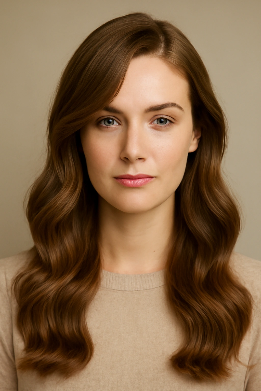 Soft romantic waves with a side part draping over the forehead