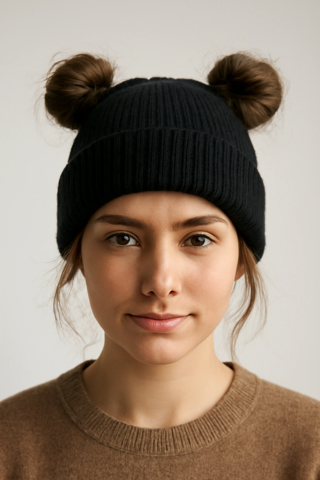 Two space buns peeking from sides of a beanie