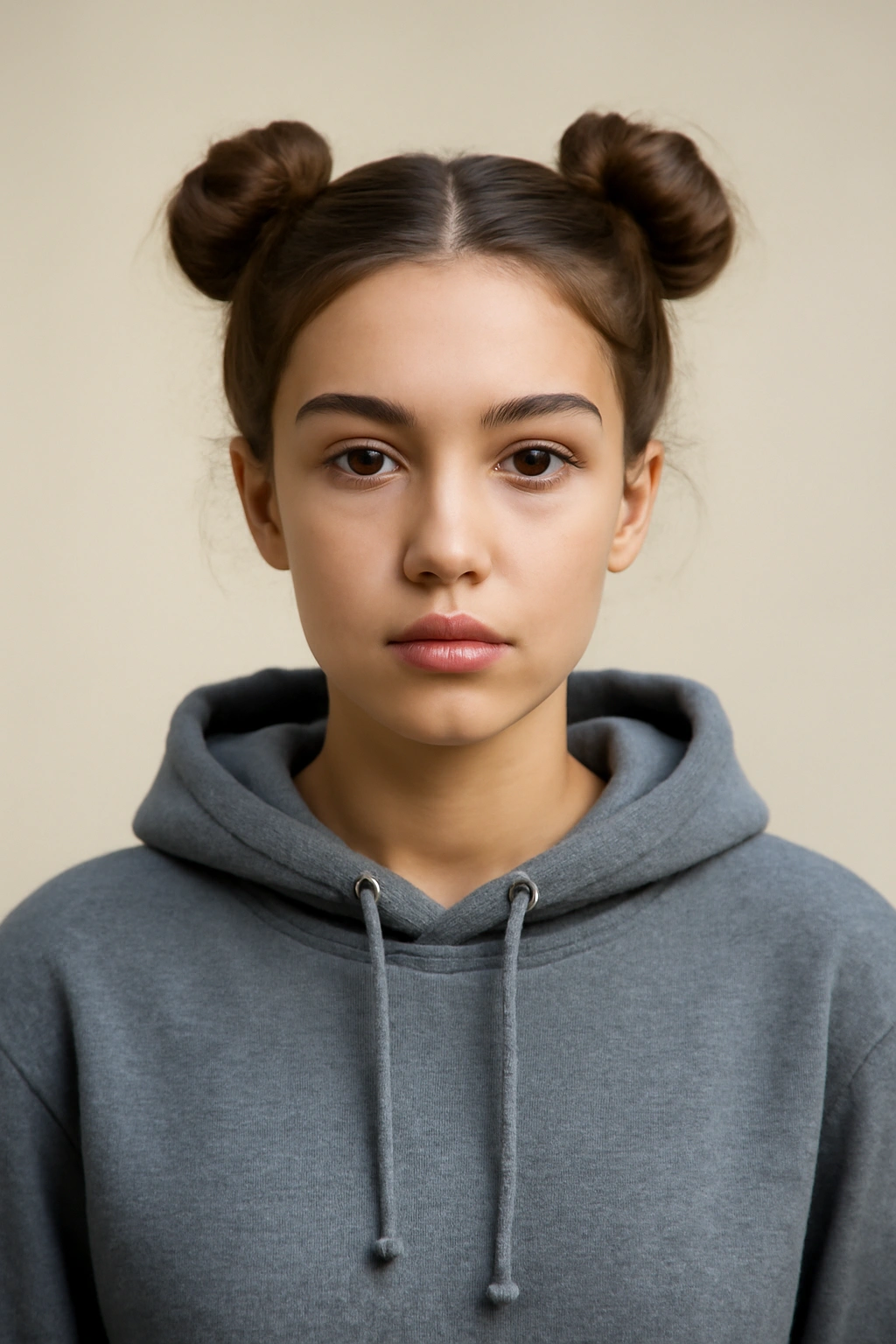 Two high space buns under a hoodie, playful street style