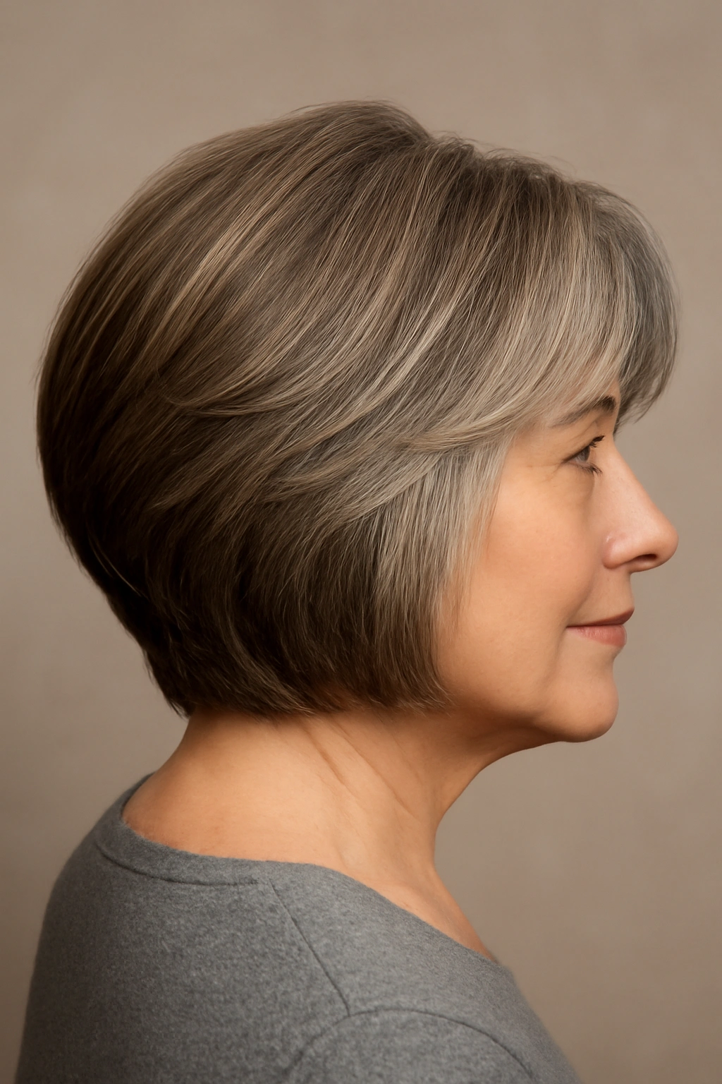 Three-quarter portrait showing a stacked layered bob with a rounded nape and layered front panels