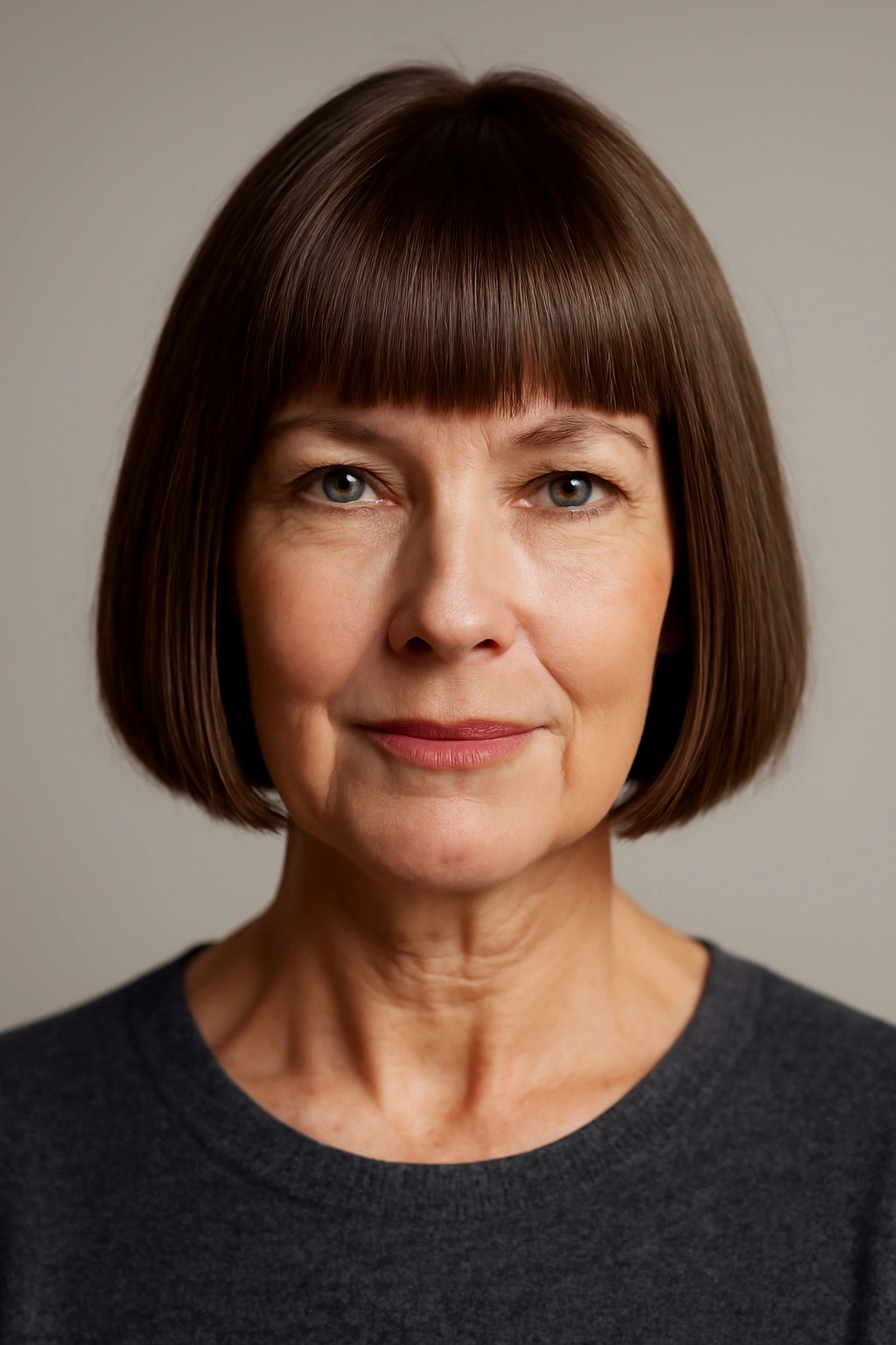 Portrait of a mature woman with a straight bob and full fringe bangs in a clean studio