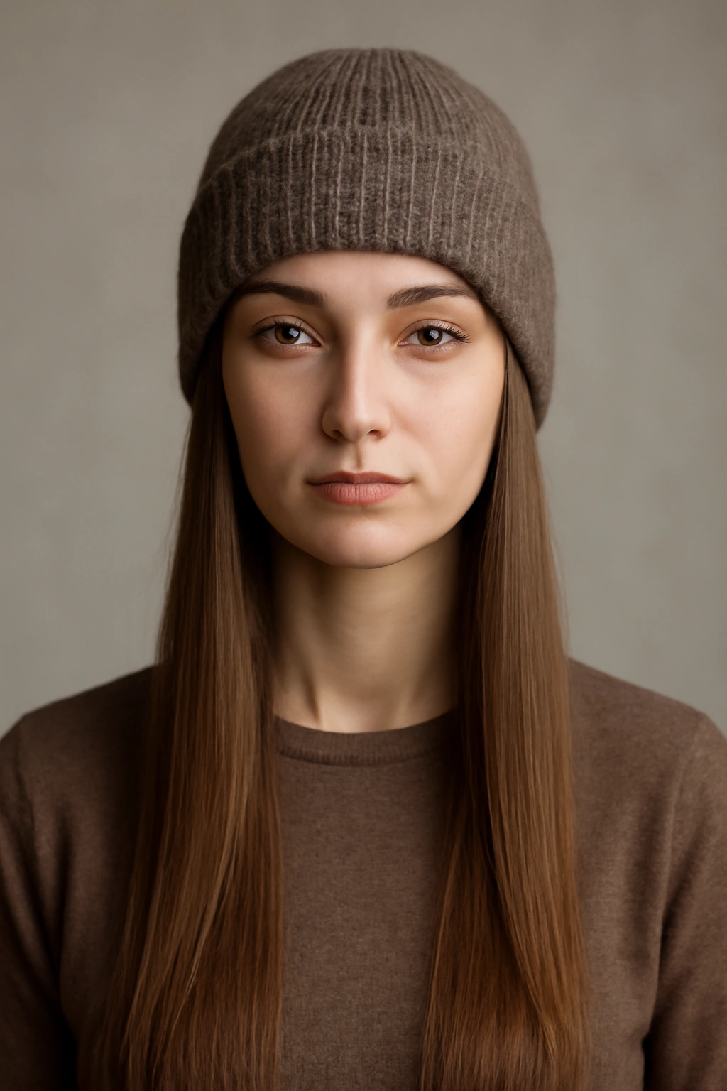 Straight, glossy hair flowing under a snug beanie