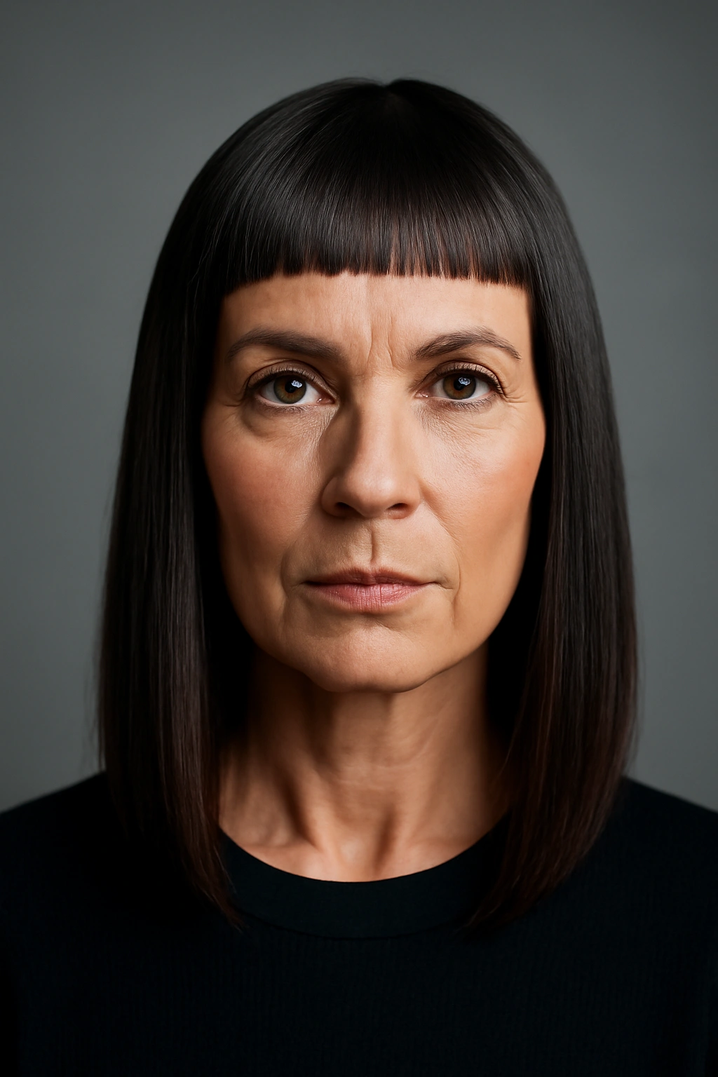 Portrait of an older woman with straight hair and blunt micro bangs.