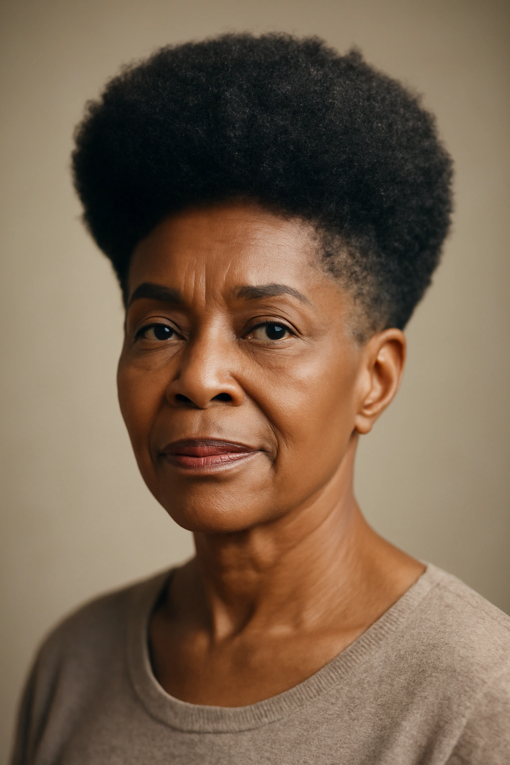 Portrait of an older Black woman with a tapered afro and tapered sides