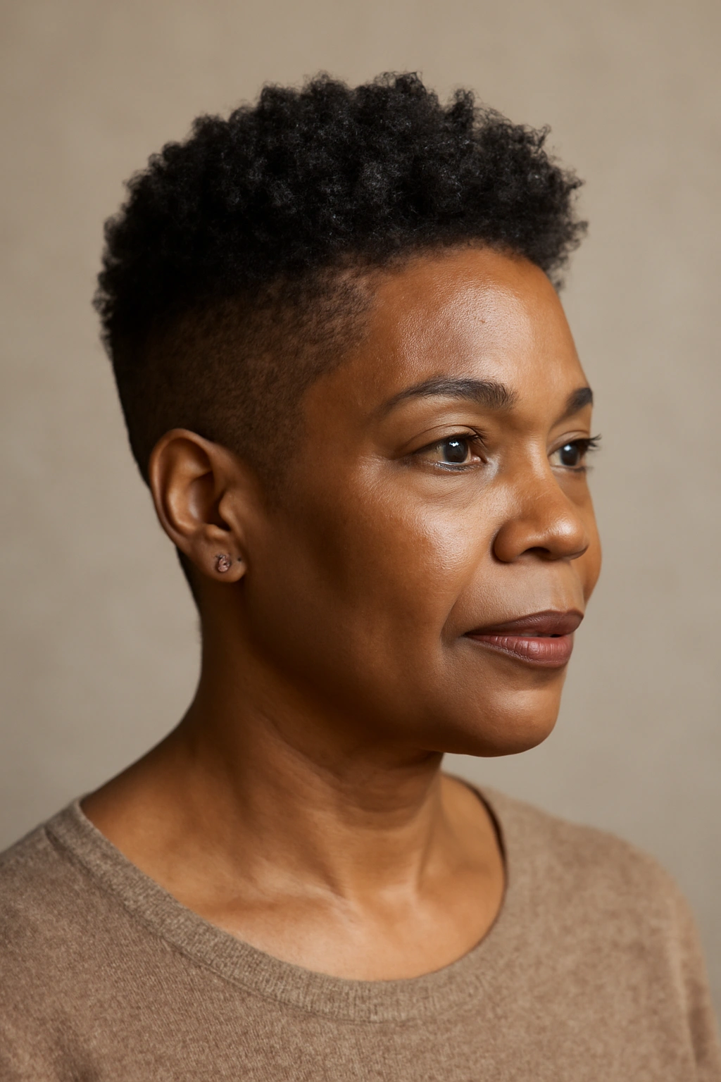 Close-up of a Black woman with a tapered natural cut, short sides and longer top curls.