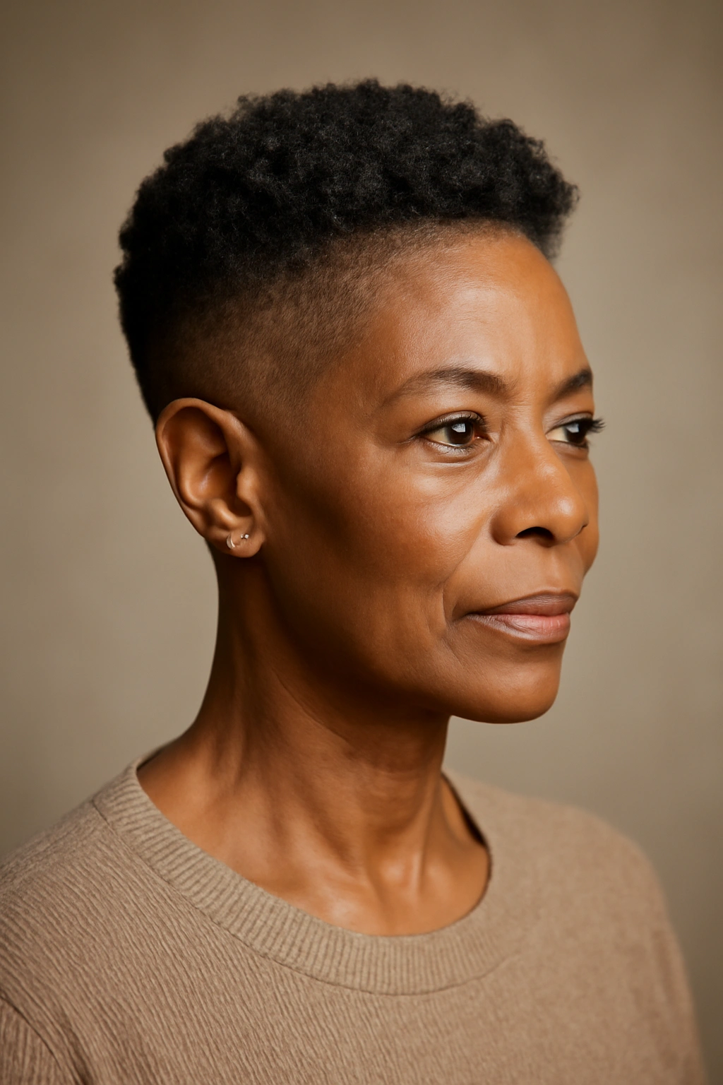 Older Black woman with tapered natural cut showing short sides and longer top in studio portrait