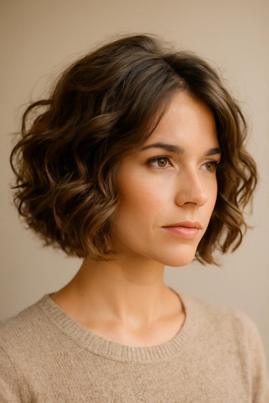 Textured bob with soft curls for fuller look