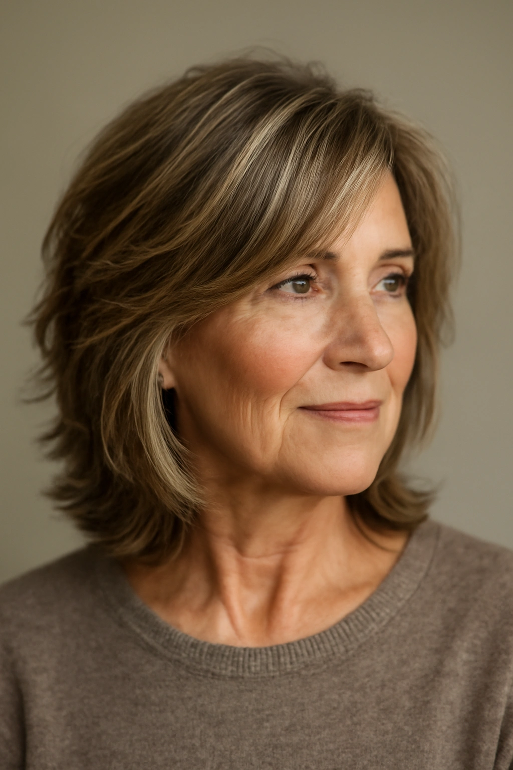 Woman over 60 with textured mid-length cut and highlights around the face