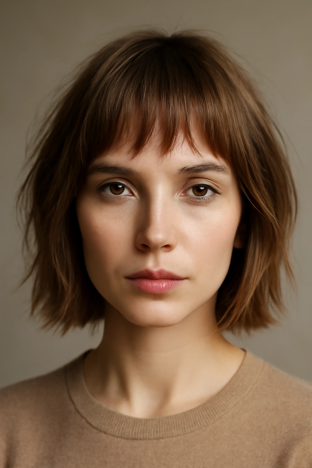 Close-up of textured fringe with choppy razor-cut ends framing the forehead
