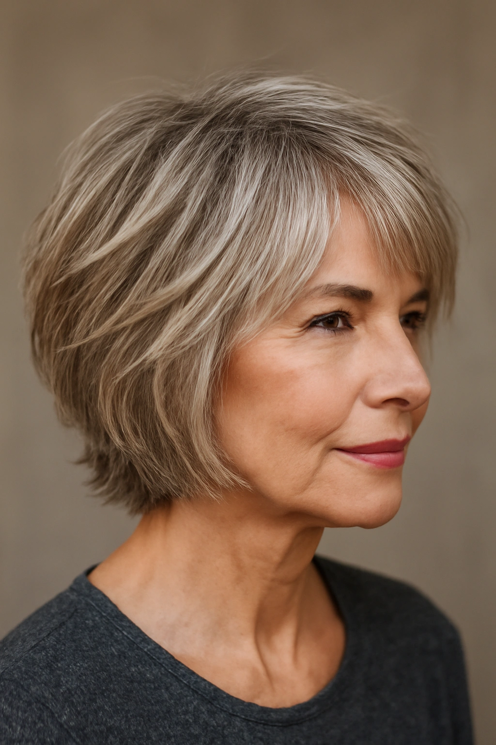 Close-up of layered textured bob showing razor-cut ends and volume