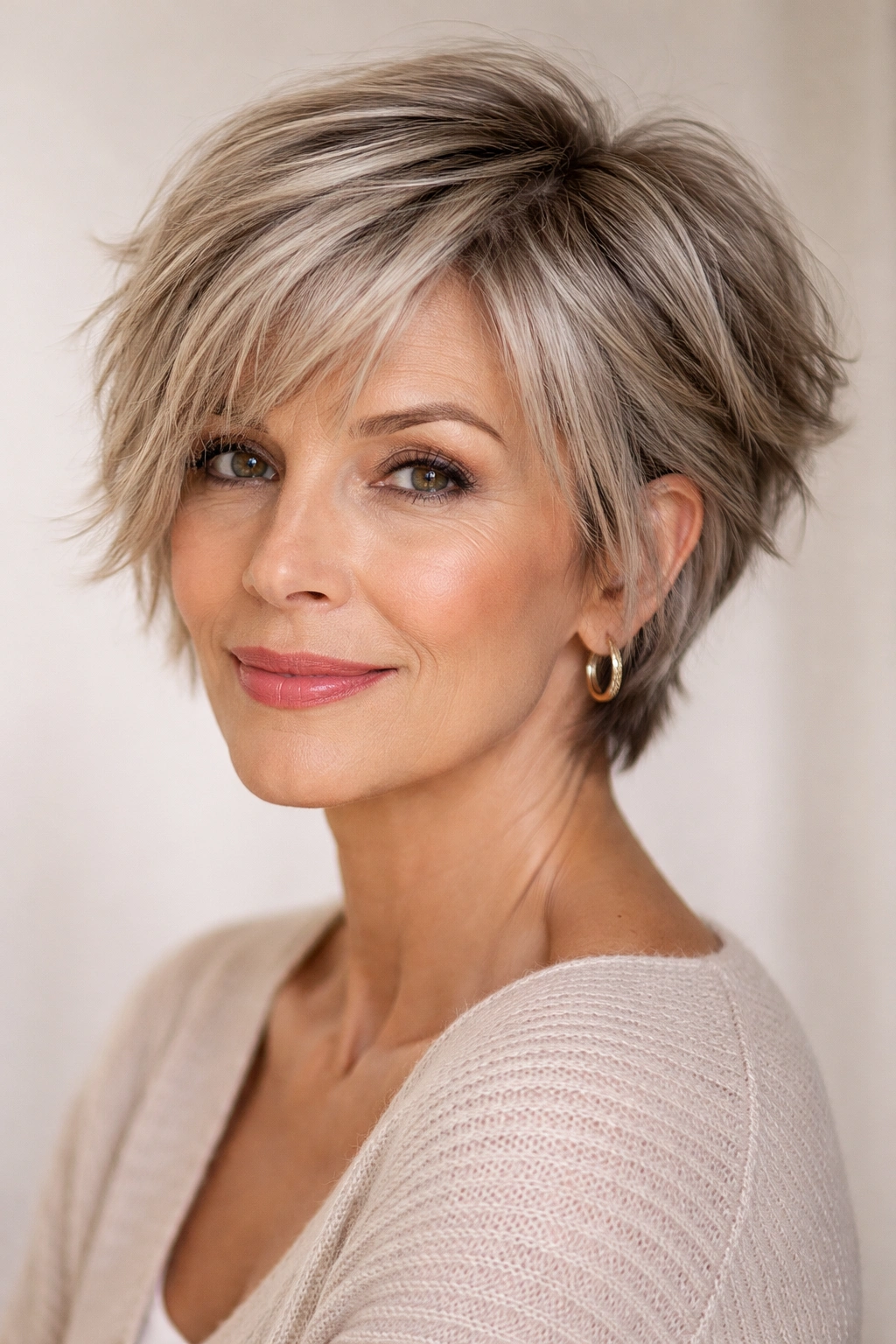 Close-up of textured pixie bob on an older woman with choppy ends and layered texture