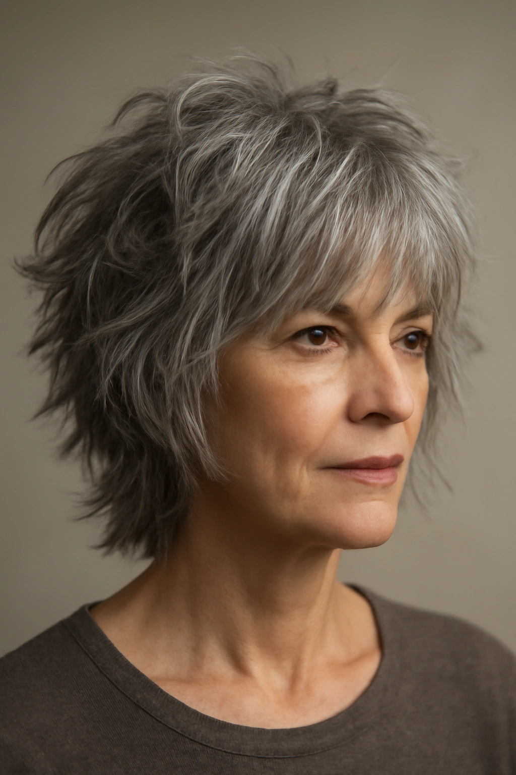 Close-up of a mature woman with a highly textured shag haircut showing movement and volume