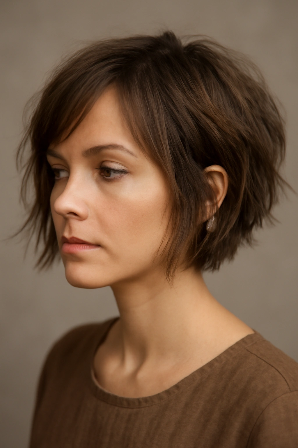 Textured Short Bob close-up with choppy ends and movement, studio lighting
