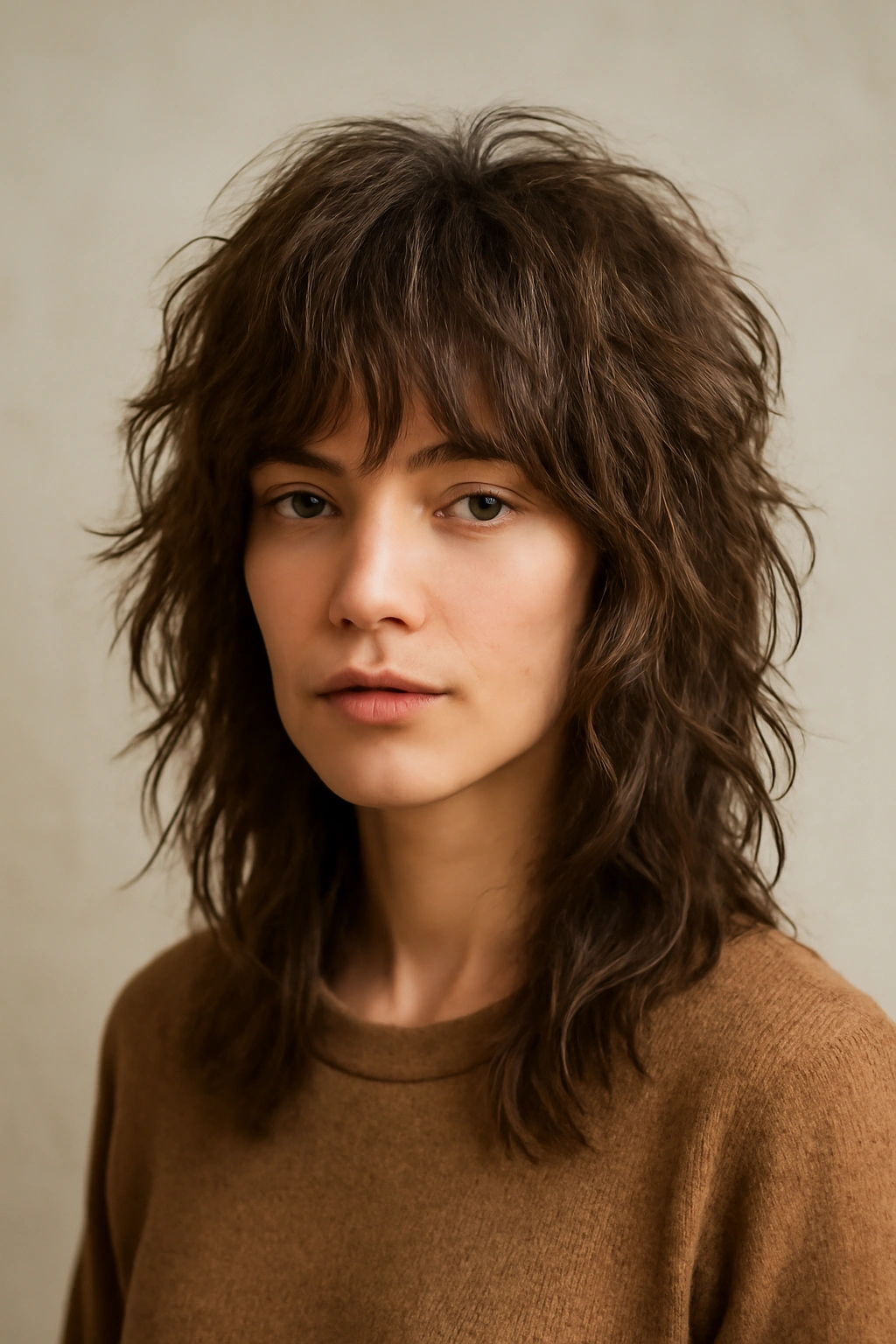 Hair with heavy layering and choppy ends creating a textured wavy shag.